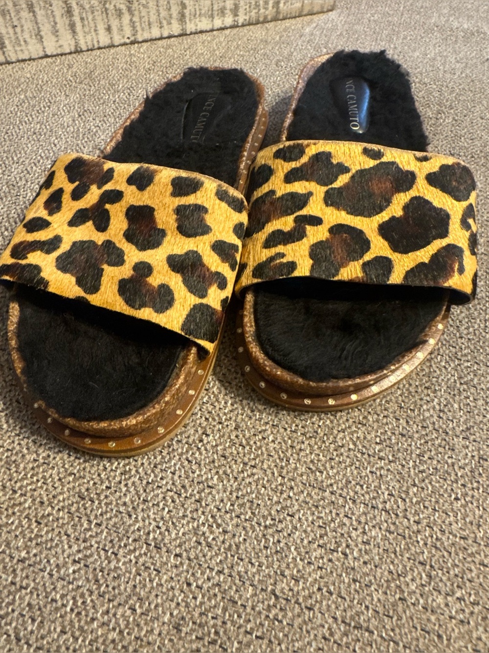 Vince Camuto Leopard Print Slide Sandals in Black and Brown